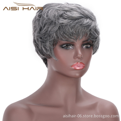 Aisi Hair Synthetic Ombre Grey Hair Bob Style Short Wigs for Women Black Cosplay Short Wigs with Neat Bangs